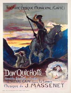 Poster die de eerste productie van de opera, Don Quichotte, adverteert, in het yaite-Lyrique Theater in Monte Carlo, 19 februari 1910